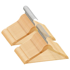 A stack of 50 light brown non-slip hardwood clothes hangers with metal hooks.