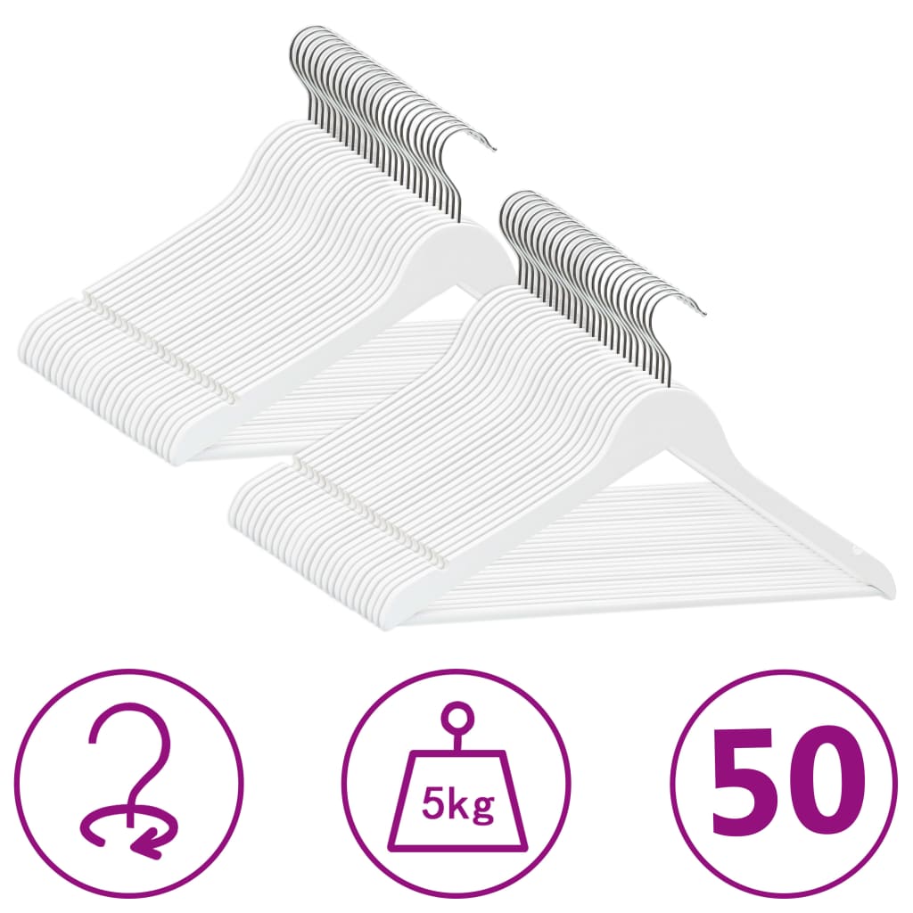 50-pack of white non-slip hardwood clothes hangers with metal hooks and 5kg load capacity.