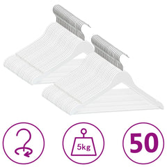 50-pack of white non-slip hardwood clothes hangers with metal hooks and 5kg load capacity.