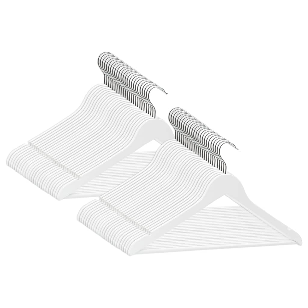 Set of 50 white hardwood clothes hangers with non-slip grooves and metal hooks.