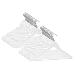 Set of 50 white hardwood clothes hangers with non-slip grooves and metal hooks.