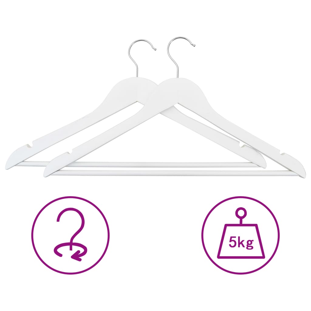 Pack of white non-slip hardwood clothes hangers with 360-degree hooks and 5kg weight capacity.
