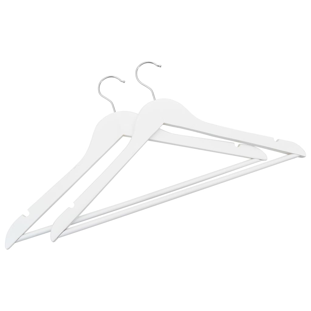 Two white non-slip hardwood clothes hangers with curved shoulders and hooks.