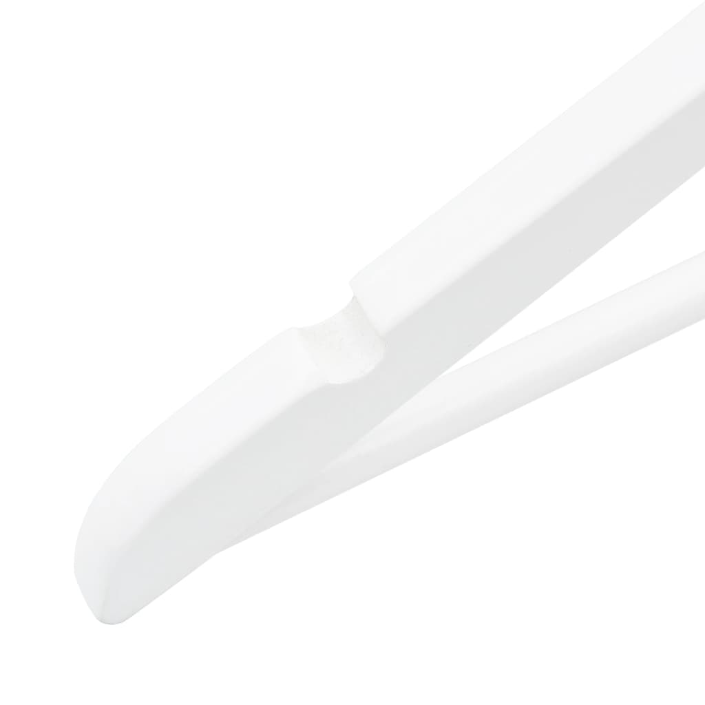 A pack of 50 white non-slip hardwood clothes hangers with curved shoulders and trouser bar.