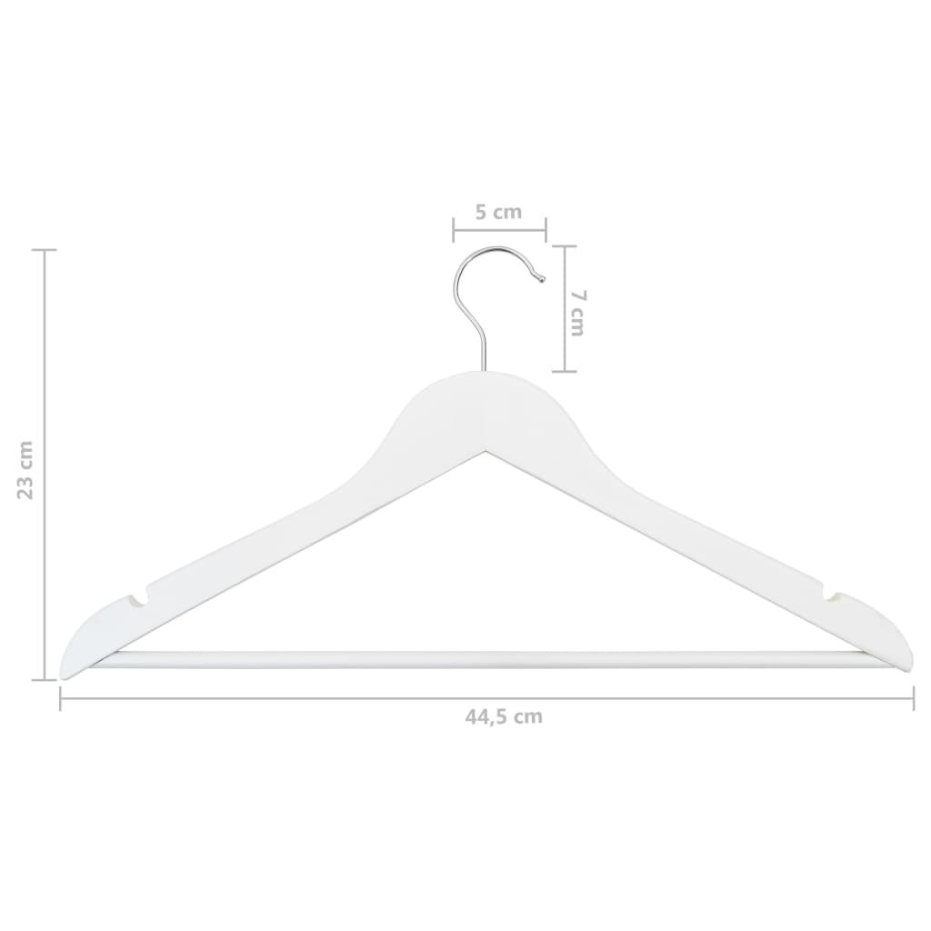 White wooden clothes hanger with non-slip grooves and dimensions shown.