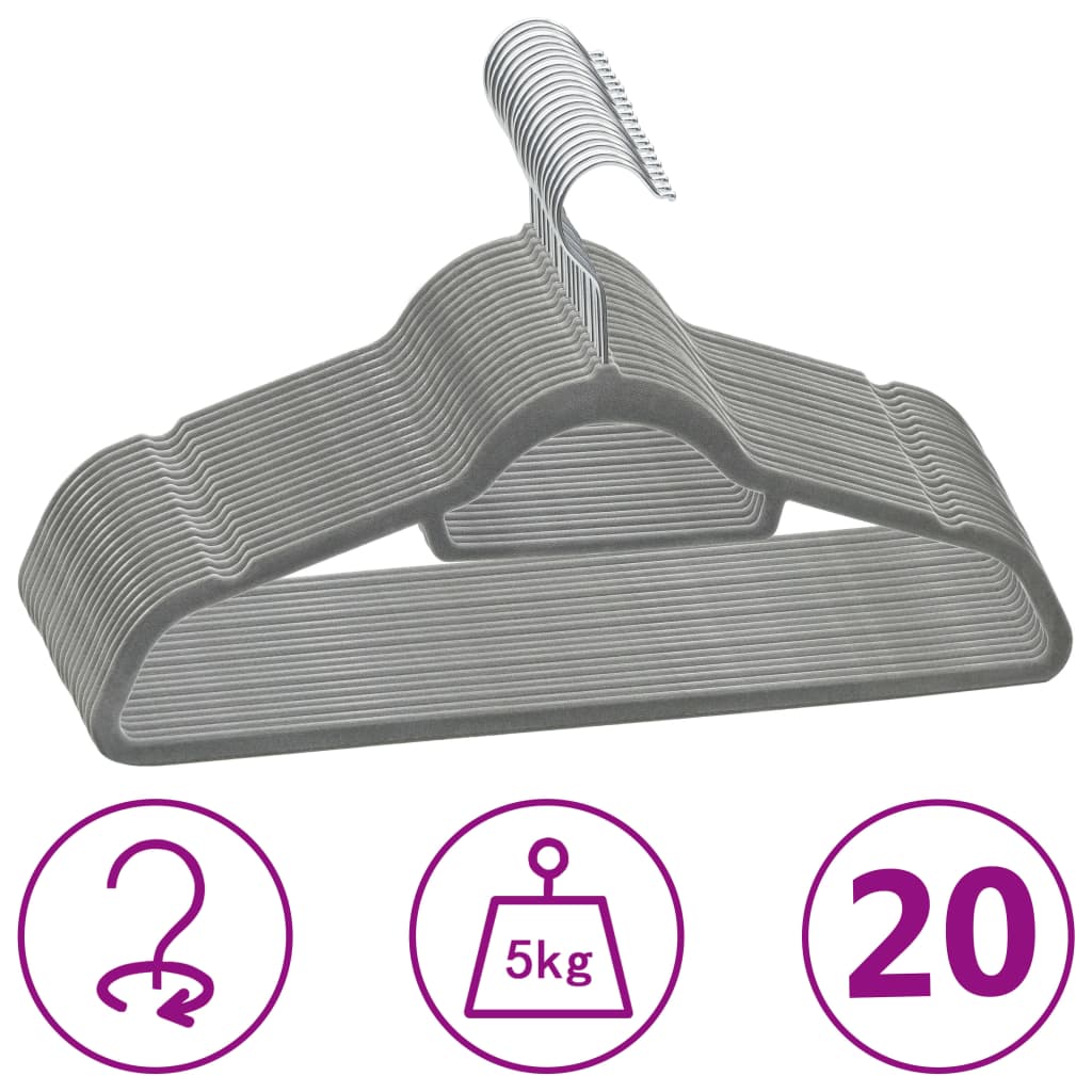 20 pcs Clothes Hanger Set Anti-slip Gray Velvet