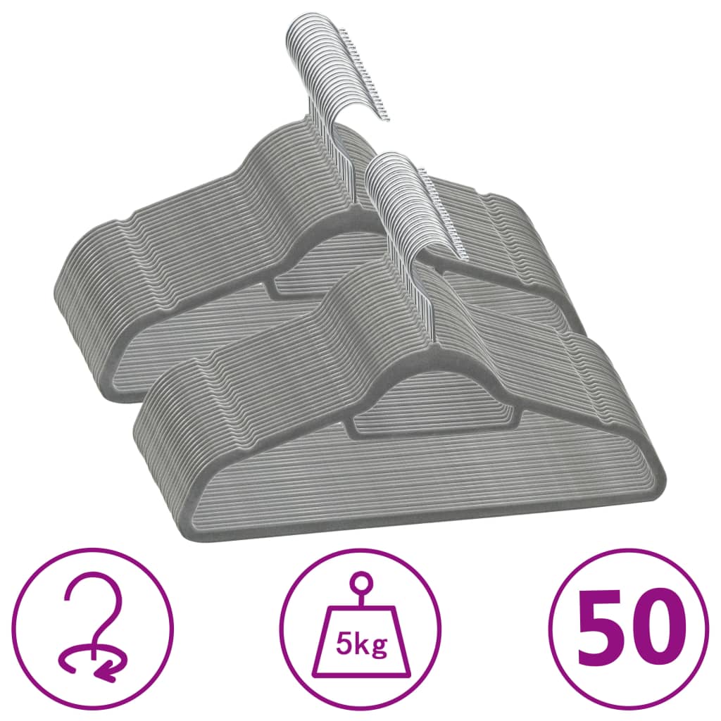 50-pack of gray velvet anti-slip clothes hangers with 5kg load capacity.