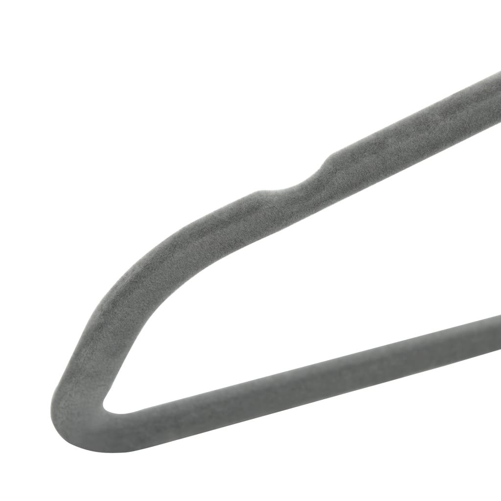 Gray velvet anti-slip clothes hanger with swivel hook and notches.