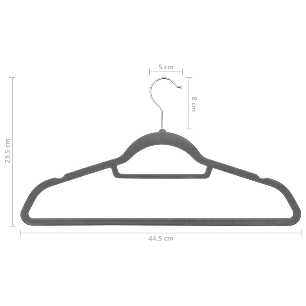 Gray velvet anti-slip clothes hanger with dimensions: 44.5 cm wide, 23 cm tall, 5 cm deep.