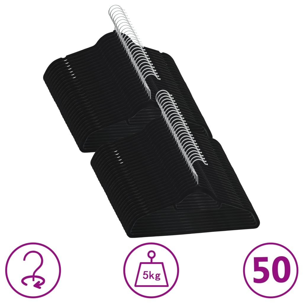 50 black velvet anti-slip clothes hangers with swivel hooks, supporting 5kg each.