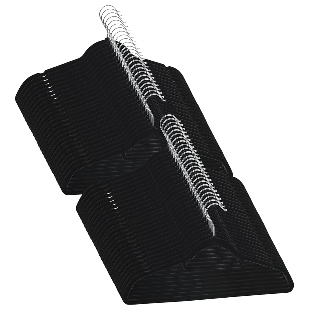 A pack of 50 black velvet anti-slip clothes hangers with swivel hooks.