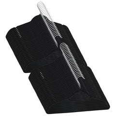 A pack of 50 black velvet anti-slip clothes hangers with swivel hooks.