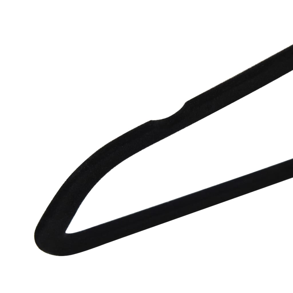 A pack of 50 black velvet anti-slip clothes hangers with swivel hooks.