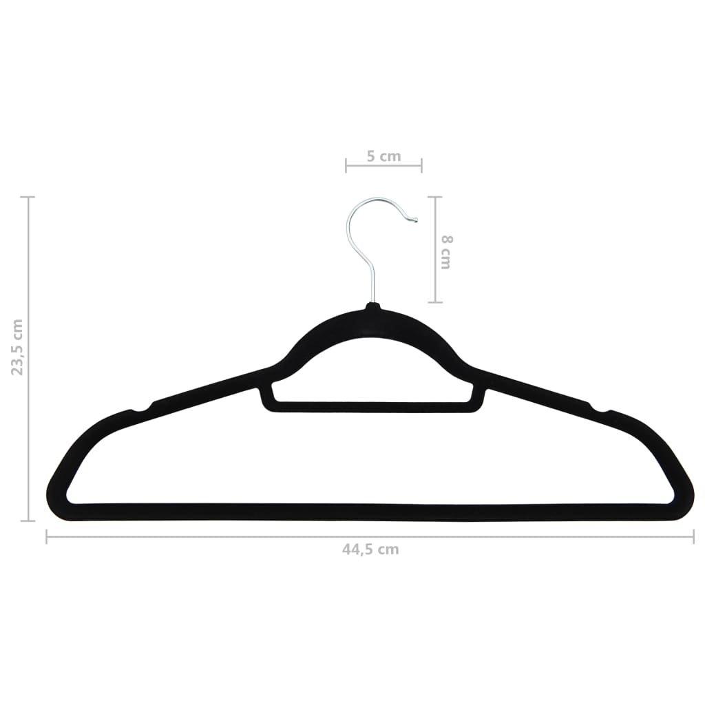 Black velvet anti-slip clothes hanger with measurements: 44.5 cm wide, 23 cm tall, 5 cm deep.