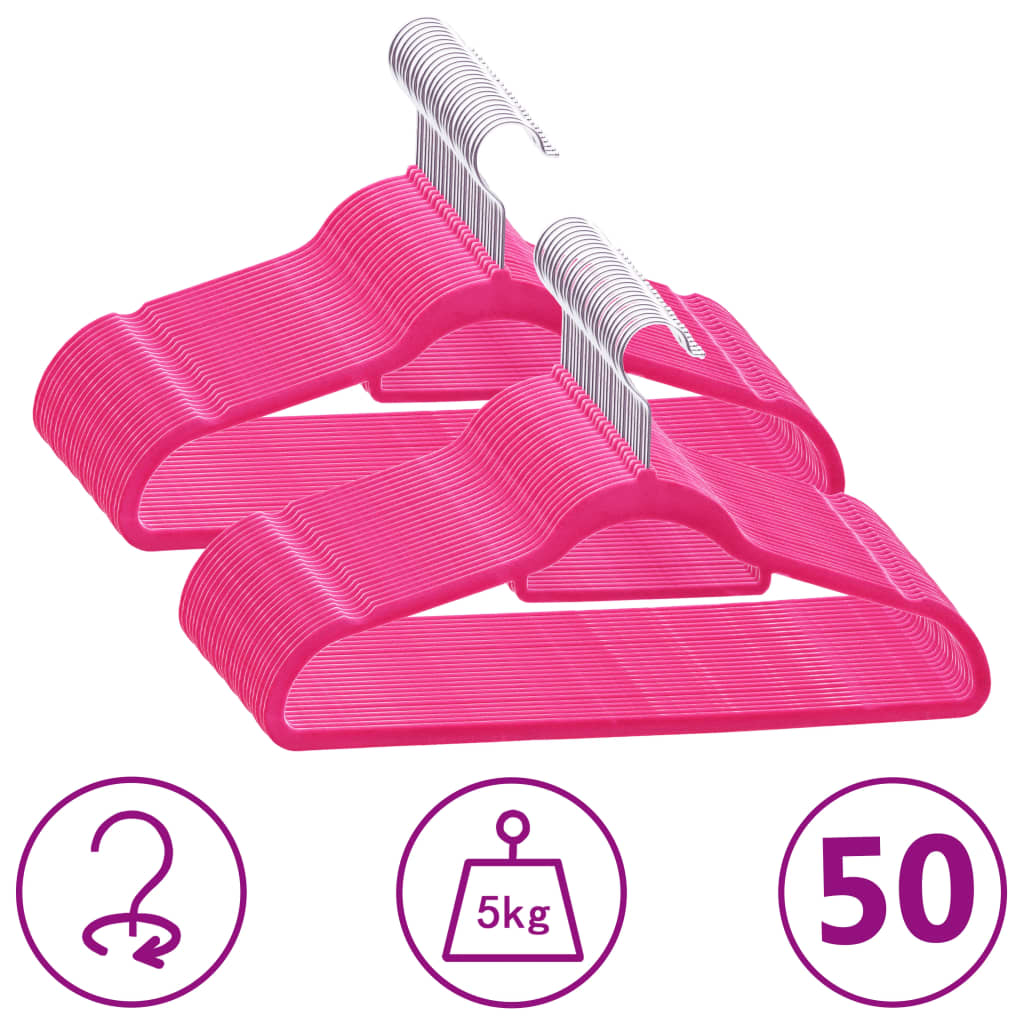 50-pack of pink velvet anti-slip clothes hangers with 5kg capacity.
