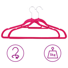 50-pack of pink velvet anti-slip clothes hangers with swivel hooks and 5kg capacity.