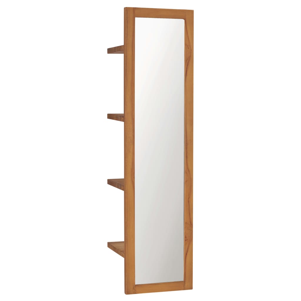 Tall rectangular teak wood wall mirror with four narrow shelves on the side