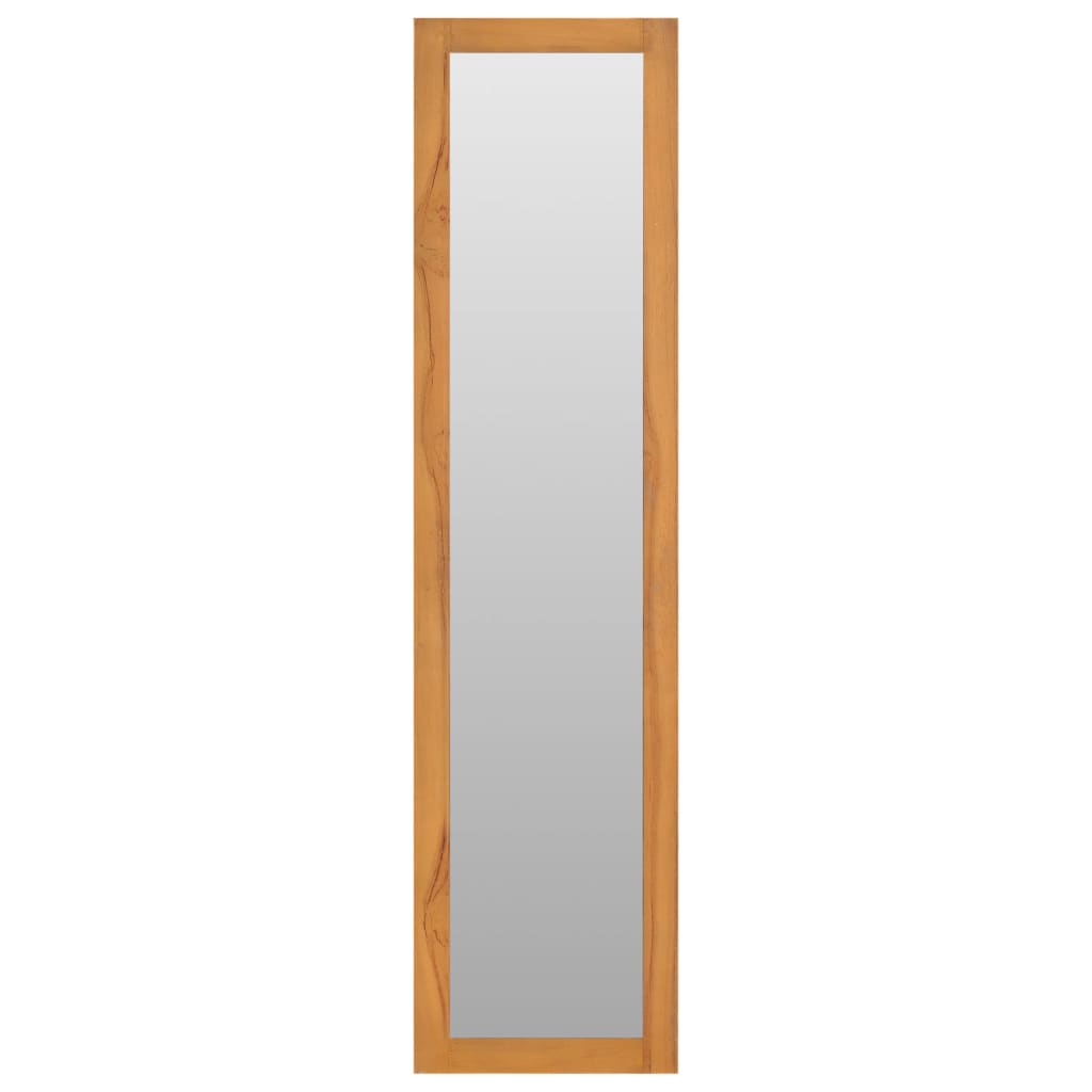A tall wall-mounted mirror in solid teak wood frame with four integrated shelves, measuring 11.8x11.8x47.2 inches.
