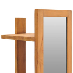 Tall teak wood wall mirror with four shelves and natural finish, measuring 11.8x11.8x47.2 inches.
