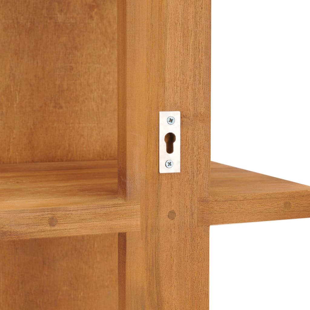 Solid teak wood wall mirror with four shelves and keyhole mount, 11.8x11.8x47.2 inches.