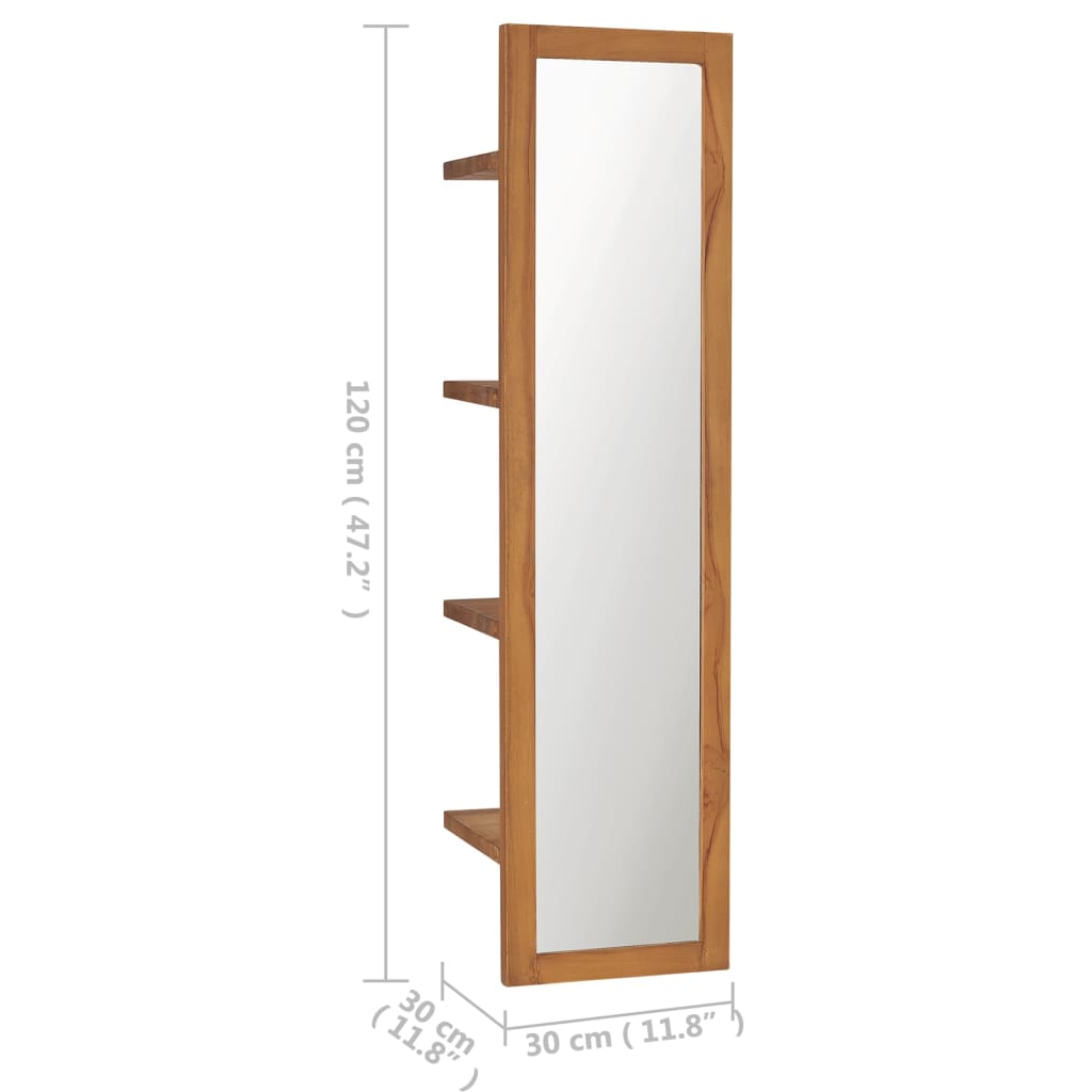 Tall solid teak wood wall mirror with four shelves, dimensions 11.8x11.8x47.2 inches.