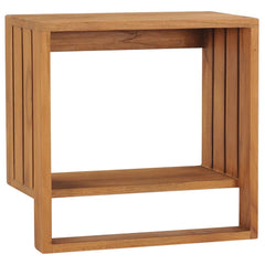 Wall-mounted solid teak wood towel rack with shelf, measuring 13.8x7.9x13.8 inches.