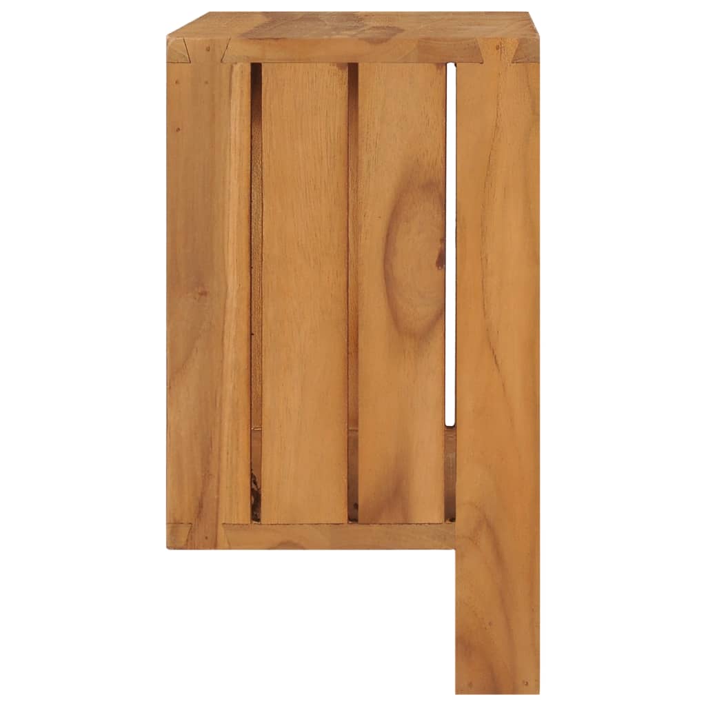 Wall-mounted solid teak wood towel rack with shelf, 13.8x7.9x13.8 inches.