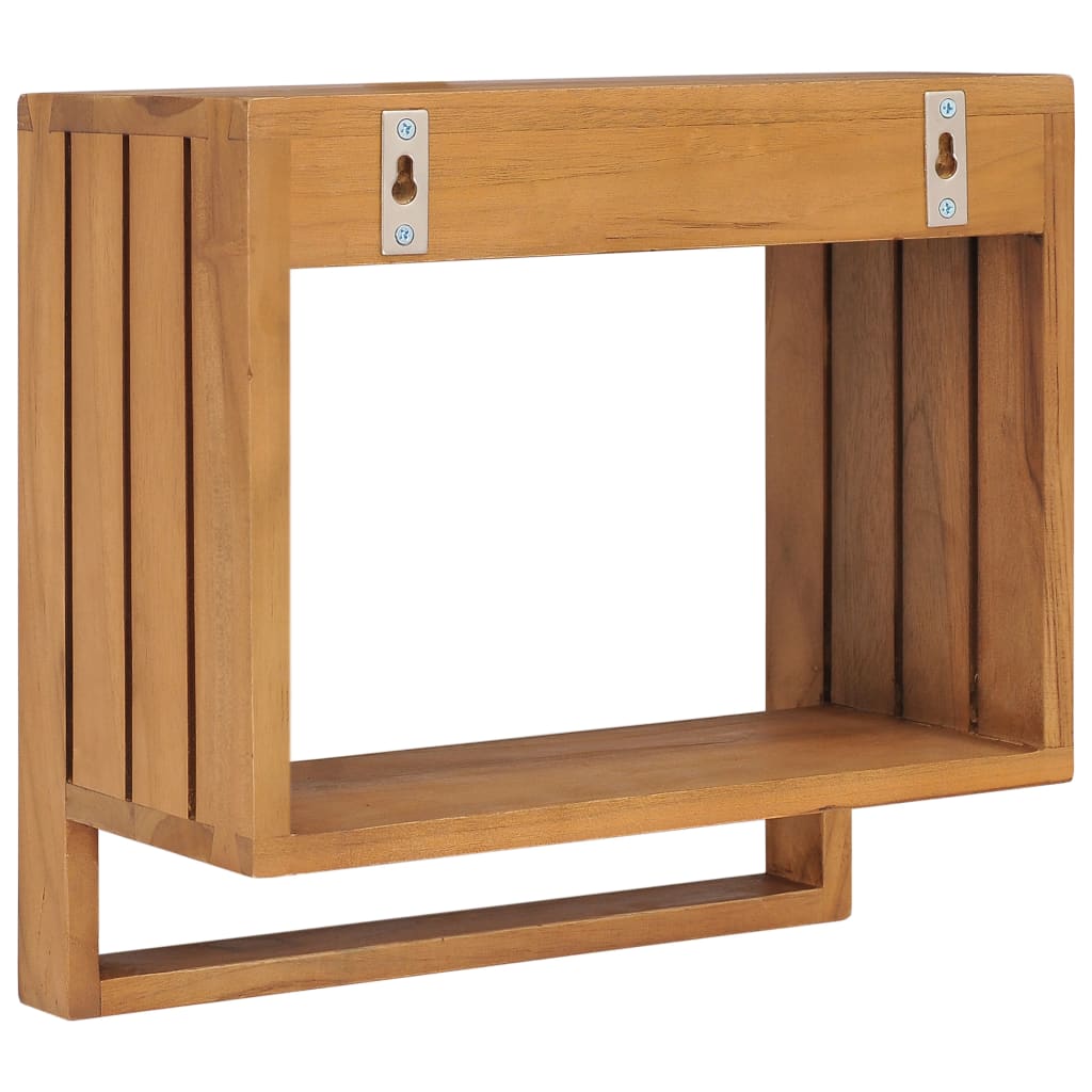 Wall-mounted solid teak wood towel rack with shelf, 13.8x7.9x13.8 inches.