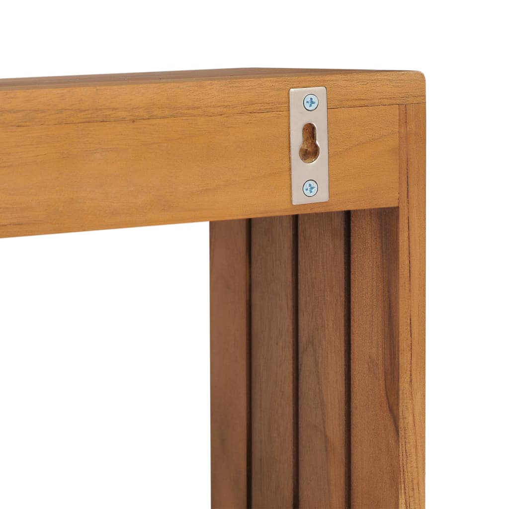 Wall-mounted solid teak wood towel rack with shelf and hanging hook, 13.8x7.9x13.8 inches.