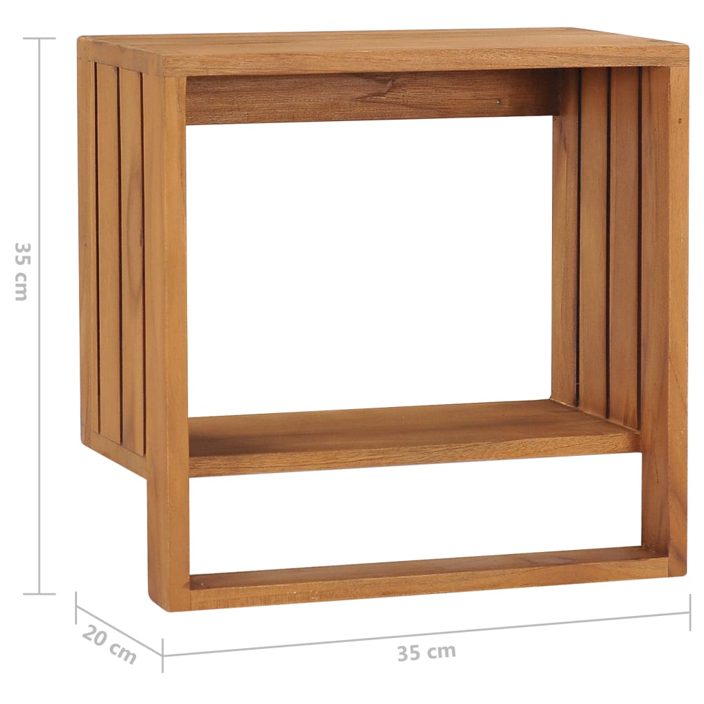Wall-mounted solid teak wood towel rack with shelf, measuring 13.8 x 7.9 x 13.8 inches.