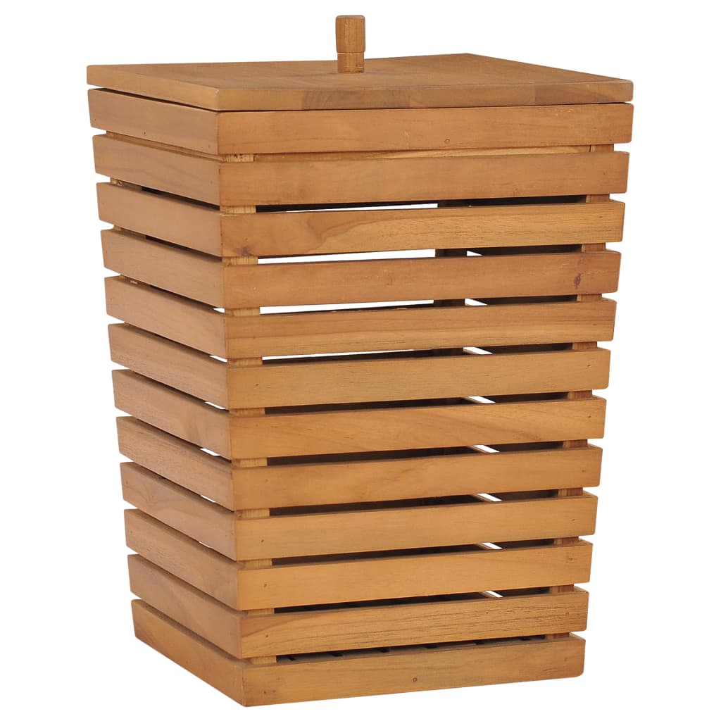 Solid teak wood laundry basket with slatted sides and lift-off lid, 11.8x11.8x17.7 inches.