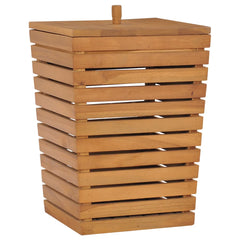 Solid teak wood laundry basket with slatted sides and lift-off lid, 11.8x11.8x17.7 inches.