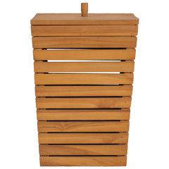 Solid teak wood laundry basket with slatted sides and lift-off lid, measuring 11.8x11.8x17.7 inches.