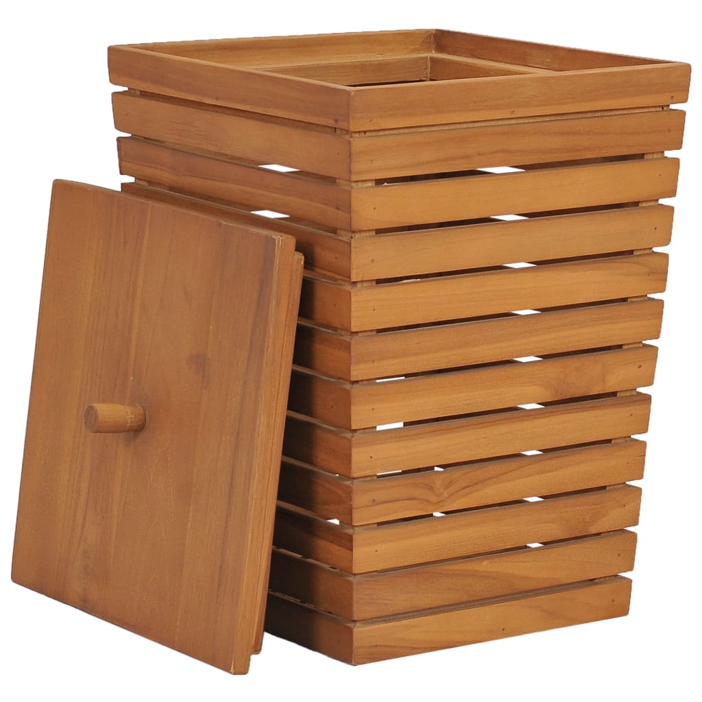 Square solid teak wood laundry basket with slatted sides and lift-off lid, 11.8x11.8x17.7 inches.