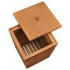 Square solid teak wood laundry basket with slatted sides and lift-off lid, 11.8x11.8x17.7 inches.