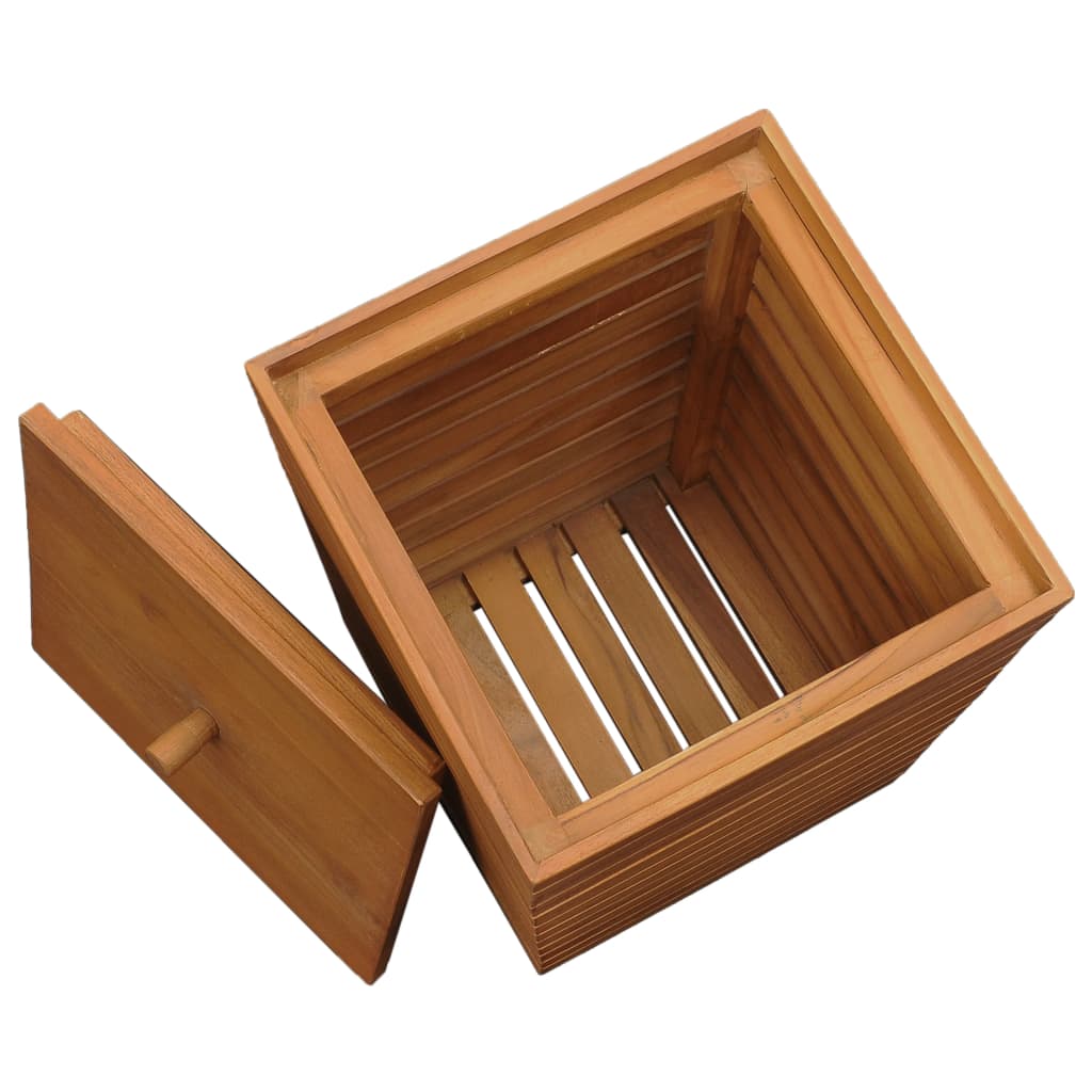 Square solid teak wood laundry basket with slatted sides and lift-off lid, 11.8x11.8x17.7 inches.
