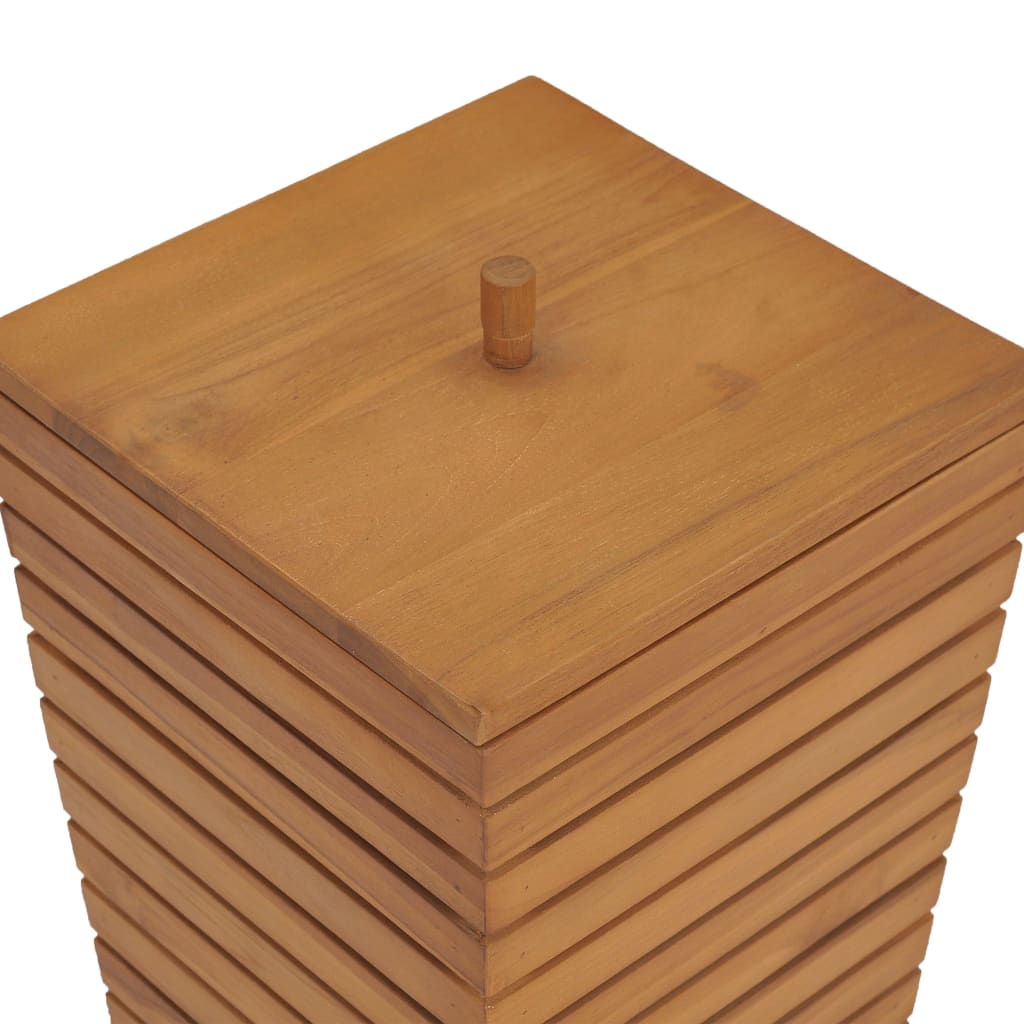 Square solid teak wood laundry basket with slatted sides and lift-off lid, 11.8x11.8x17.7 inches.