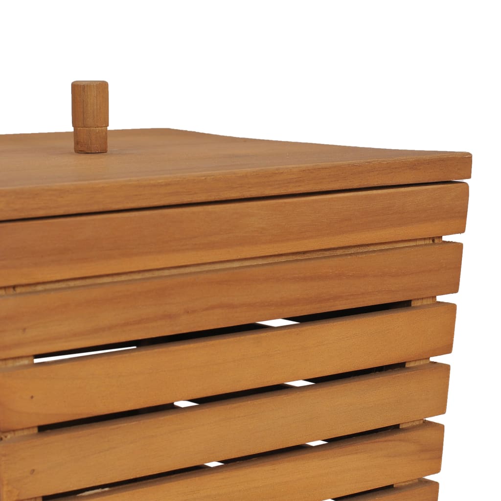 Solid teak wood laundry basket with slatted sides and lift-off lid, 11.8x11.8x17.7 inches.