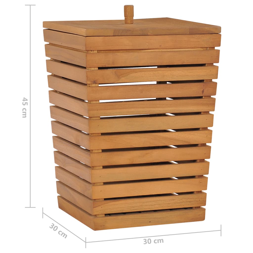 Solid teak wood laundry basket with slatted sides, lift-off lid, and dimensions 11.8x11.8x17.7 inches.