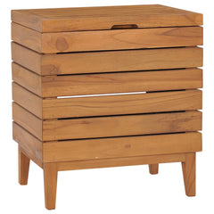 Solid teak wood laundry basket with lidded top, slatted sides, and short legs.