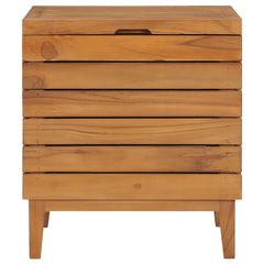 Solid teak wood laundry basket with slatted sides, lid, and short legs.