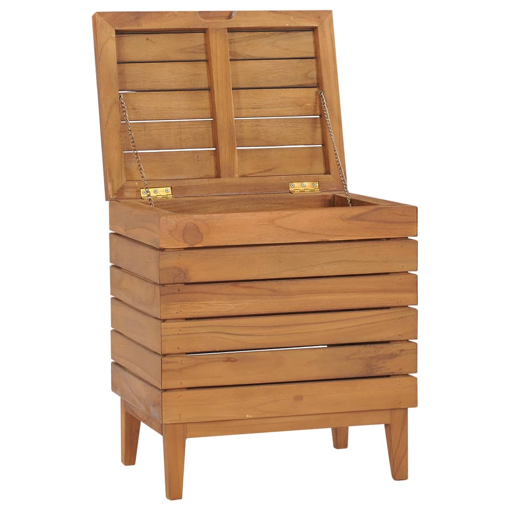 Solid teak wood laundry basket with open lid, slatted sides, and short legs.