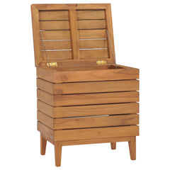 Solid teak wood laundry basket with open lid, slatted sides, and short legs.