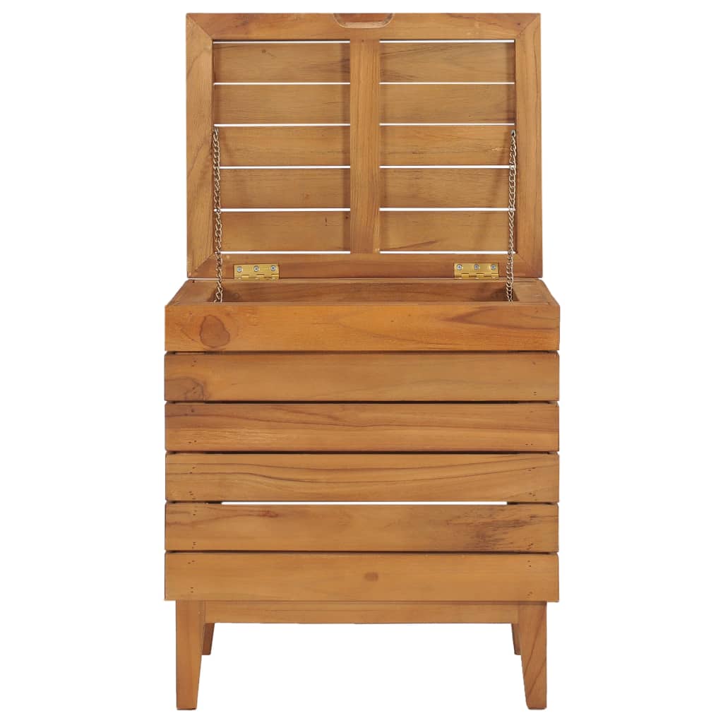 Open-top solid teak wood laundry basket with slatted sides and legs, 15.7x11.8x17.7 inches.