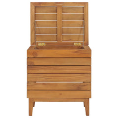 Open-top solid teak wood laundry basket with slatted sides and legs, 15.7x11.8x17.7 inches.