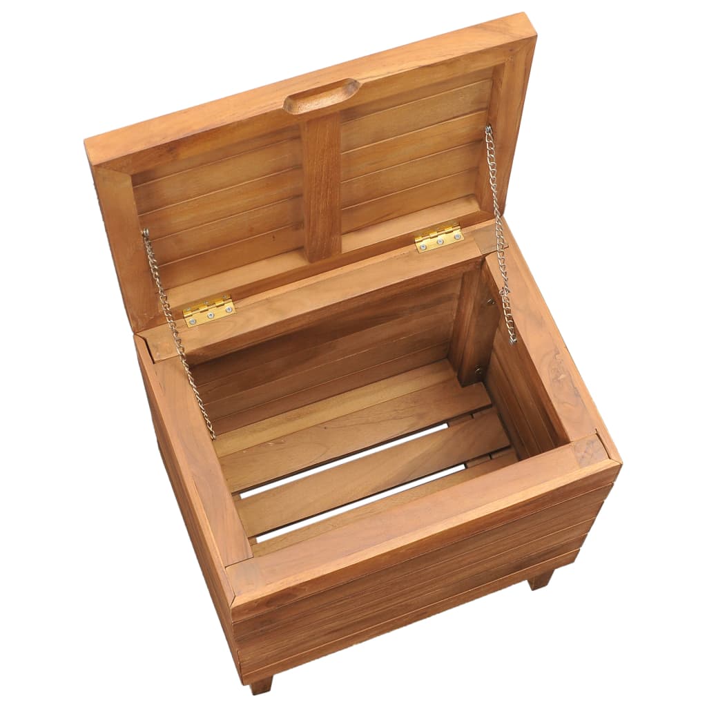 Open solid teak wood laundry basket with lid and slatted sides on short legs.