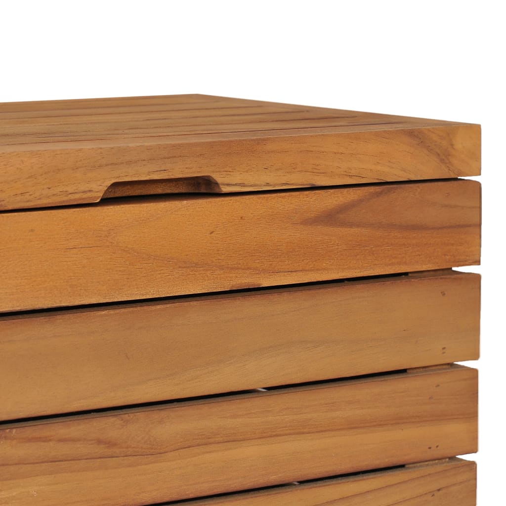 Solid teak wood laundry basket with lid and slatted drawers, 15.7x11.8x17.7 inches.