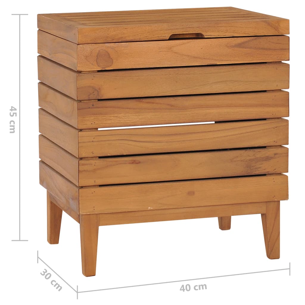 Solid teak wood laundry basket with slatted sides, hinged lid, and short legs, measuring 15.7x11.8x17.7 inches.