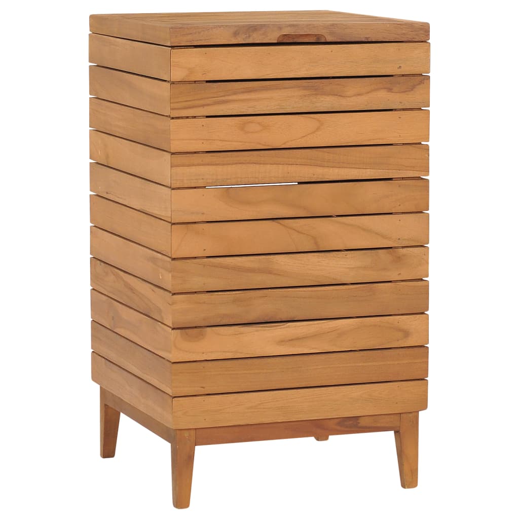 A rectangular solid teak wood laundry basket with slatted sides and a flat top, standing on four short legs.