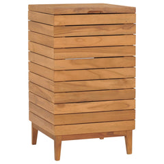 A rectangular solid teak wood laundry basket with slatted sides and a flat top, standing on four short legs.